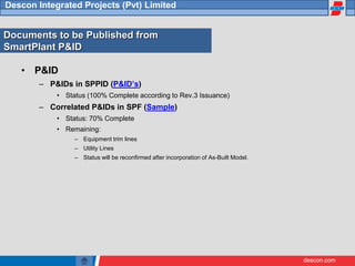 descon.com
Descon Integrated Projects (Pvt) Limited
Documents to be Published from
SmartPlant P&ID
• P&ID
– P&IDs in SPPID (P&ID’s)
• Status (100% Complete according to Rev.3 Issuance)
– Correlated P&IDs in SPF (Sample)
• Status: 70% Complete
• Remaining:
– Equipment trim lines
– Utility Lines
– Status will be reconfirmed after incorporation of As-Built Model.
 
