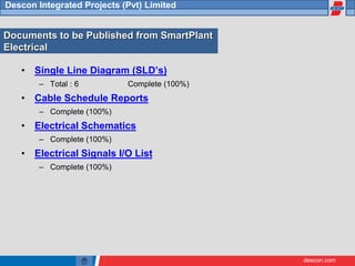 descon.com
Descon Integrated Projects (Pvt) Limited
Documents to be Published from SmartPlant
Electrical
• Single Line Diagram (SLD’s)
– Total : 6 Complete (100%)
• Cable Schedule Reports
– Complete (100%)
• Electrical Schematics
– Complete (100%)
• Electrical Signals I/O List
– Complete (100%)
 