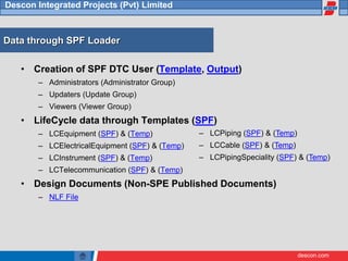 descon.com
Descon Integrated Projects (Pvt) Limited
Data through SPF Loader
• Creation of SPF DTC User (Template, Output)
– Administrators (Administrator Group)
– Updaters (Update Group)
– Viewers (Viewer Group)
• LifeCycle data through Templates (SPF)
– LCEquipment (SPF) & (Temp)
– LCElectricalEquipment (SPF) & (Temp)
– LCInstrument (SPF) & (Temp)
– LCTelecommunication (SPF) & (Temp)
• Design Documents (Non-SPE Published Documents)
– NLF File
– LCPiping (SPF) & (Temp)
– LCCable (SPF) & (Temp)
– LCPipingSpeciality (SPF) & (Temp)
 