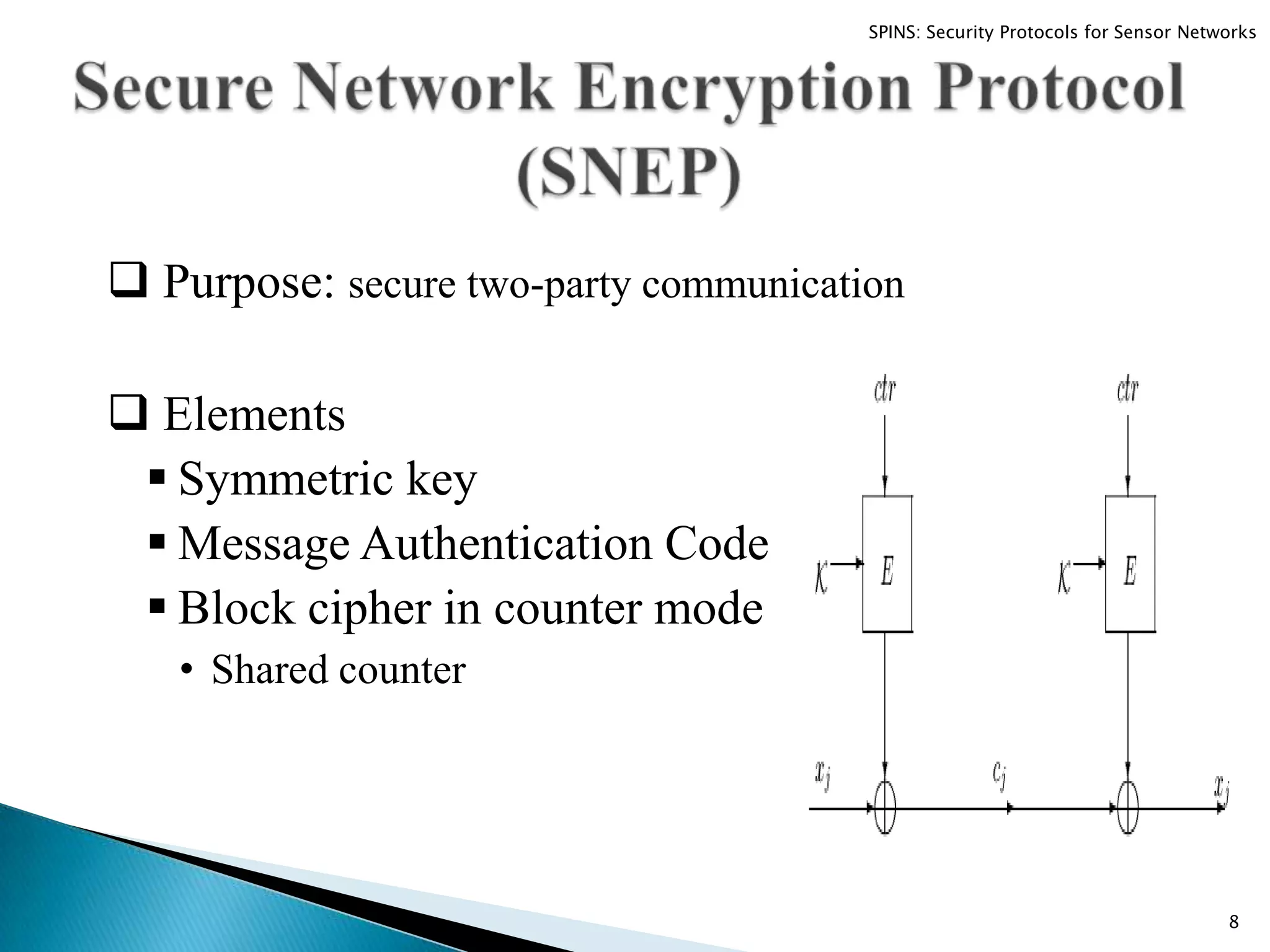  Purpose: secure two-party communication  Elements  Symmetric key  Message Authentication Code  Block cipher in counter mode • Shared counter 8 SPINS: Security Protocols for Sensor Networks 