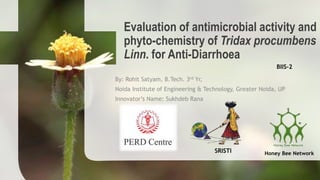 Evaluation of antimicrobial activity and
phyto-chemistry of Tridax procumbens
Linn. for Anti-Diarrhoea
By: Rohit Satyam, B.Tech. 3rd Yr,
Noida Institute of Engineering & Technology, Greater Noida, UP
Innovator’s Name: Sukhdeb Rana
BIIS-2
SRISTI Honey Bee Network
 