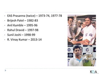 • EAS Prasanna (twice) – 1973-74, 1977-78
• Brijesh Patel – 1982-83
• Anil Kumble – 1995-96
• Rahul Dravid – 1997-98
• Sunil Joshi – 1998-99
• R. Vinay Kumar – 2013-14
 