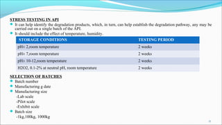 STRESS TESTING IN API
 It can help identify the degradation products, which, in turn, can help establish the degradation pathway, any may be
carried out on a single batch of the API.
 It should include the effect of temperature, humidity.
SELECTION OF BATCHES
 Batch number
 Manufacturing g date
 Manufacturing size
-Lab scale
-Pilot scale
-Exhibit scale
 Batch size
-1kg,100kg, 1000kg
STORAGE CONDITIONS TESTING PERIOD
pH± 2,room temperature 2 weeks
pH± 7,room temperature 2 weeks
pH± 10-12,room temperature 2 weeks
H2O2, 0.1-2% at neutral pH, room temperature 2 weeks
17
 