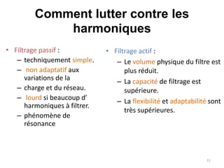 Comment lutter contre les 
harmoniques 
• Filtrage passif : 
– techniquement simple. 
– non adaptatif aux 
variations de la 
– charge et du réseau. 
– lourd si beaucoup d’ 
harmoniques à filtrer. 
– phénomène de 
résonance 
• Filtrage actif : 
– Le volume physique du filtre est 
plus réduit. 
– La capacité de filtrage est 
supérieure. 
– La flexibilité et adaptabilité sont 
très supérieures. 
11 
 