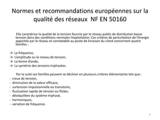 Normes et recommandations européennes sur la 
qualité des réseaux NF EN 50160 
Elle caractérise la qualité de la tension fournie par le réseau public de distribution basse 
tension dans des conditions normales l’exploitation. Ces critères de perturbation de l’énergie 
apportée par le réseau et constatable au poste de livraison du client concernent quatre 
familles : 
→ La fréquence, 
→ L’amplitude ou le niveau de tension, 
→ La forme d’onde, 
→ La symétrie des tensions triphasées. 
Par la suite ces familles peuvent se décliner en plusieurs critères élémentaires tels que : 
- creux de tension, 
- diminution de la valeur efficace, 
- surtension impulsionnelle ou transitoire, 
- fluctuation rapide de tension ou flicker, 
- déséquilibre du système triphasé, 
- harmoniques, 
- variation de fréquence. 
8 
 