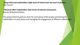 • Keep-informed stakeholders (high level of interest but low level of power):
City Council
• Minimal-effort stakeholders (low levels of interest and power):
Parents & Representatives
This power/Interest grid was done for each phase of the project prioritizing the
stakeholders on each phase and managing the engagement of different stakeholders.
 