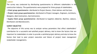 SURVEY
The survey was conducted by distributing questionnaires to different stakeholders in the
construction industry. The questionnaires were prepared for three groups of stakeholders,
• Client group questionnaire- distributed to Project Owners, Client Advisor and End User.
• Project team group questionnaires- distributed to Project managers, Engineers, Architects,
Designers, Main Contractors, Sub-Contractors.
• Supply Chain group questionnaires- distributed to Suppliers (Material, Machine, Labour),
Distributors and Manufacturers.
SURVEY OBJECTIVE
The objective of this survey was to analyze various parameters that affect stakeholders’
contribution for a successful and satisfied project delivery. And to know the factors that are
important for stakeholders in order to provide a satisfied project delivery and also to know the
factors that lead to poor project execution and failure of project team management
(stakeholder management).
 