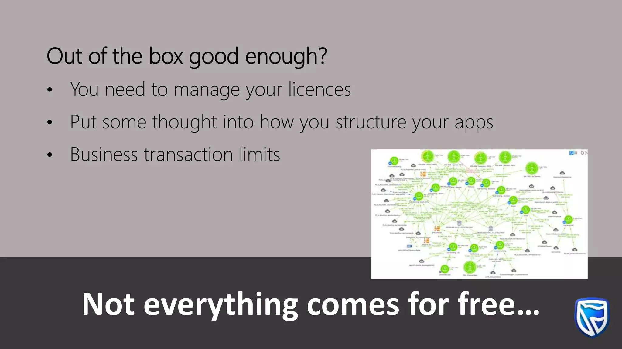Not everything comes for free…
Out of the box good enough?
• You need to manage your licences
• Put some thought into how you structure your apps
• Business transaction limits
 