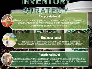 Reduce their price by producing a new product of coffee using
cheaper beans or may come out with special discounts
promotions to increase the sales.
Starbucks can effectively pursue Focus-Based Strategy in
conjunction with differentiation or cost leadership based strategy.
Advertisement can develop through internet that services convinced for
users to access, give the brochures, do road shows, so that public come
to know more about Starbucks details.
 