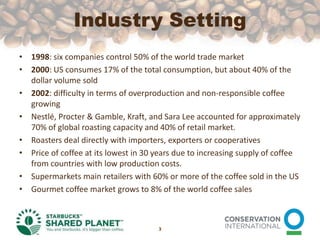 Industry Setting1998: six companies control 50% of the world trade market 2000: US consumes 17% of the total consumption, but about 40% of the dollar volume sold2002: difficulty in terms of overproduction and non-responsible coffee growingNestlé, Procter & Gamble, Kraft, and Sara Lee accounted for approximately 70% of global roasting capacity and 40% of retail market.Roasters deal directly with importers, exporters or cooperativesPrice of coffee at its lowest in 30 years due to increasing supply of coffee from countries with low production costs.Supermarkets main retailers with 60% or more of the coffee sold in the USGourmet coffee market grows to 8% of the world coffee sales3