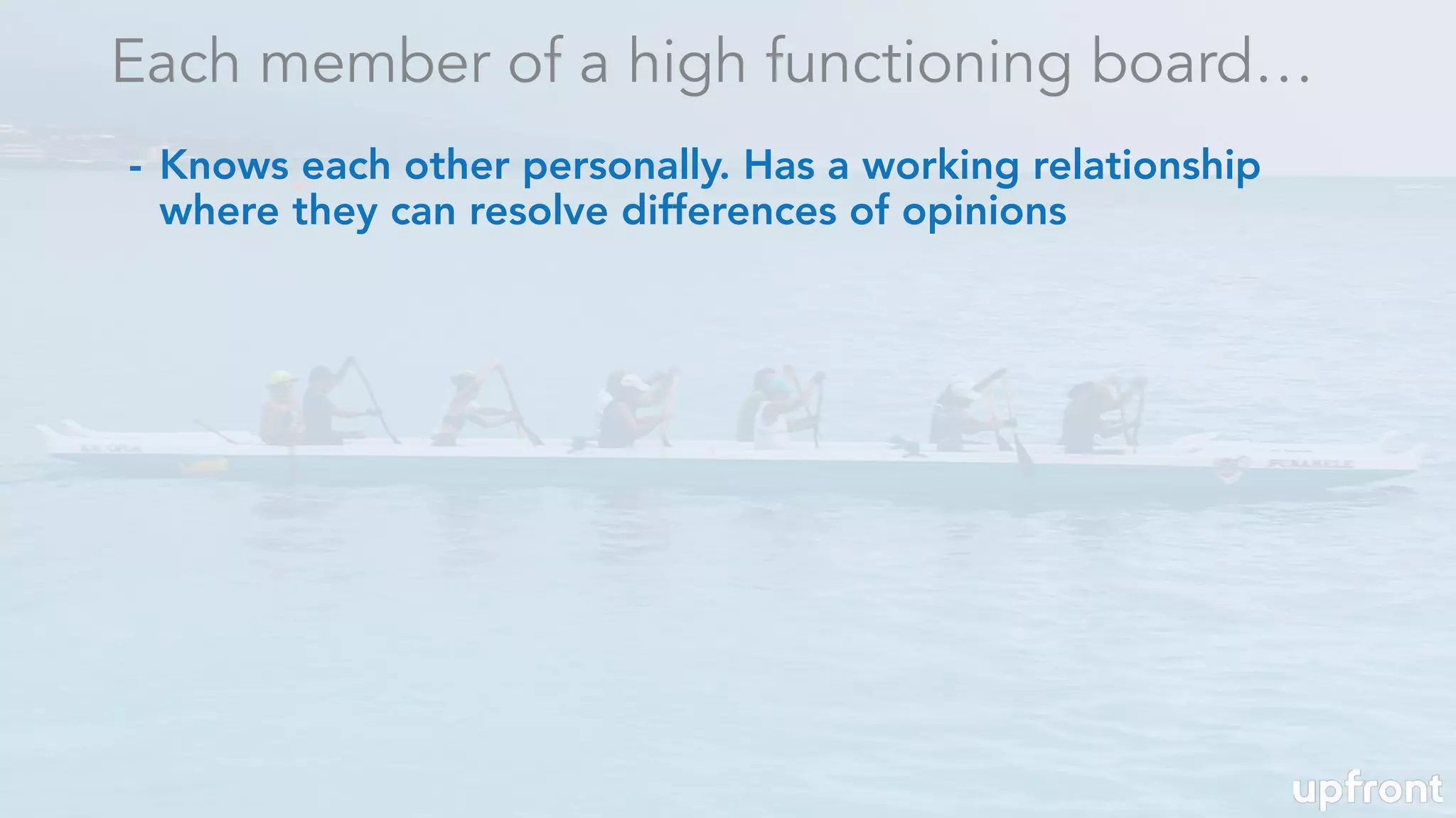 Each member of a high functioning board…
- Knows each other personally. Has a working relationship
where they can resolve differences of opinions
 
