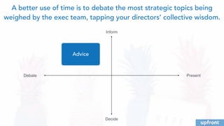 A better use of time is to debate the most strategic topics being
weighed by the exec team, tapping your directors’ collec...