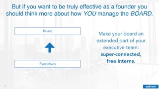 4
But if you want to be truly effective as a founder you
should think more about how YOU manage the BOARD.
Board
Executive...