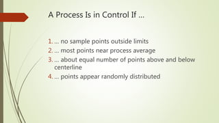 A Process Is in Control If …
1. … no sample points outside limits
2. … most points near process average
3. … about equal number of points above and below
centerline
4. … points appear randomly distributed
 