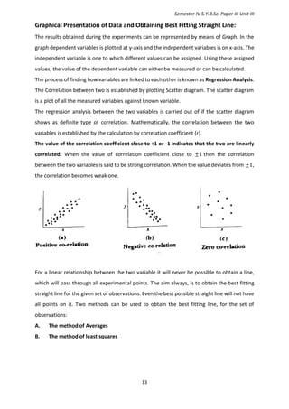 Semester IV S.Y.B.Sc. Paper III Unit III
13
Graphical Presentation of Data and Obtaining Best Fitting Straight Line:
The results obtained during the experiments can be represented by means of Graph. In the
graph dependent variables is plotted at y-axis and the independent variables is on x-axis. The
independent variable is one to which different values can be assigned. Using these assigned
values, the value of the dependent variable can either be measured or can be calculated.
The process of finding how variables are linked to each other is known as Regression Analysis.
The Correlation between two is established by plotting Scatter diagram. The scatter diagram
is a plot of all the measured variables against known variable.
The regression analysis between the two variables is carried out of if the scatter diagram
shows as definite type of correlation. Mathematically, the correlation between the two
variables is established by the calculation by correlation coefficient (r).
The value of the correlation coefficient close to +1 or -1 indicates that the two are linearly
correlated. When the value of correlation coefficient close to ±1 then the correlation
between the two variables is said to be strong correlation. When the value deviates from ±1,
the correlation becomes weak one.
For a linear relationship between the two variable it will never be possible to obtain a line,
which will pass through all experimental points. The aim always, is to obtain the best fitting
straight line for the given set of observations. Even the best possible straight line will not have
all points on it. Two methods can be used to obtain the best fitting line, for the set of
observations:
A. The method of Averages
B. The method of least squares
 