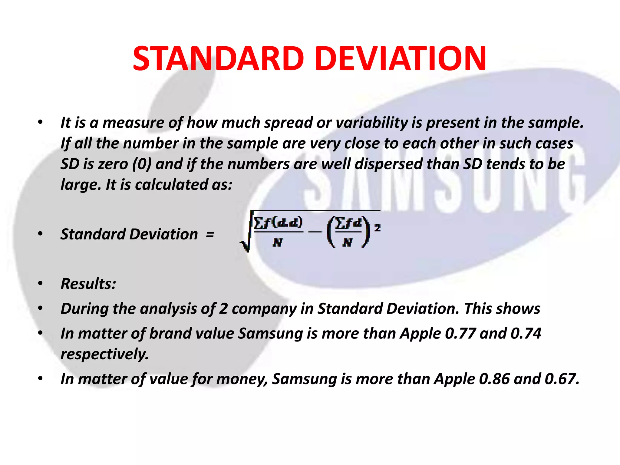 STANDARD DEVIATION
• It is a measure of how much spread or variability is present in the sample.
If all the number in the sample are very close to each other in such cases
SD is zero (0) and if the numbers are well dispersed than SD tends to be
large. It is calculated as:
• Standard Deviation =
• Results:
• During the analysis of 2 company in Standard Deviation. This shows
• In matter of brand value Samsung is more than Apple 0.77 and 0.74
respectively.
• In matter of value for money, Samsung is more than Apple 0.86 and 0.67.
 