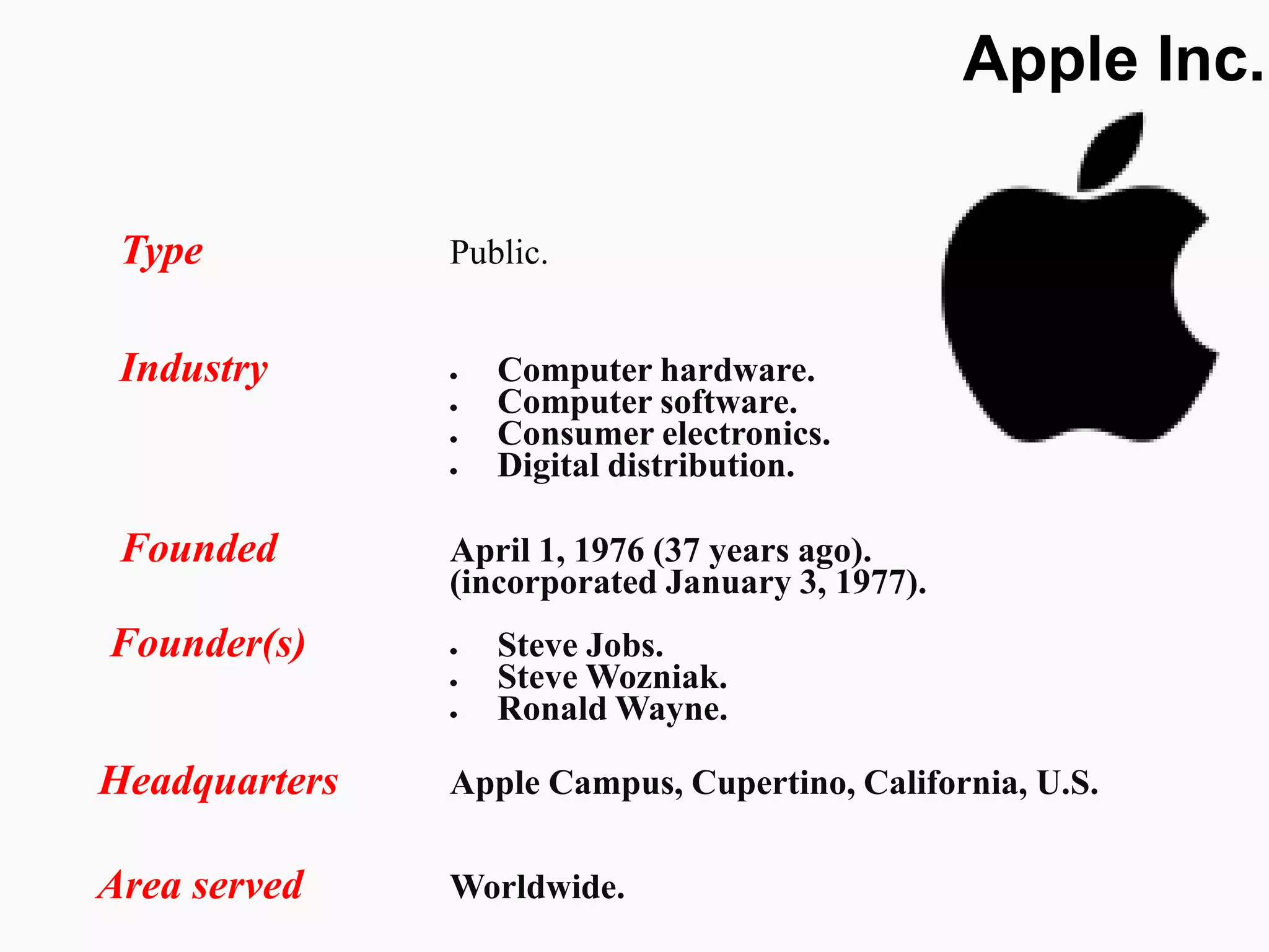 Apple Inc.
Type Public.
Industry Computer hardware.
Computer software.
Consumer electronics.
Digital distribution.
Founded April 1, 1976 (37 years ago).
(incorporated January 3, 1977).
Founder(s) Steve Jobs.
Steve Wozniak.
Ronald Wayne.
Headquarters Apple Campus, Cupertino, California, U.S.
Area served Worldwide.
 
