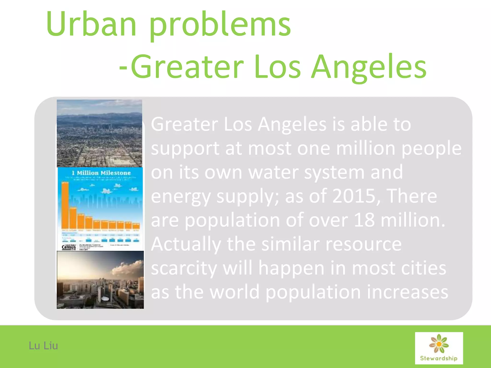 Urban problems
-Greater Los Angeles
Greater Los Angeles is able to
support at most one million people
on its own water system and
energy supply; as of 2015, There
are population of over 18 million.
Actually the similar resource
scarcity will happen in most cities
as the world population increases
Lu Liu
 