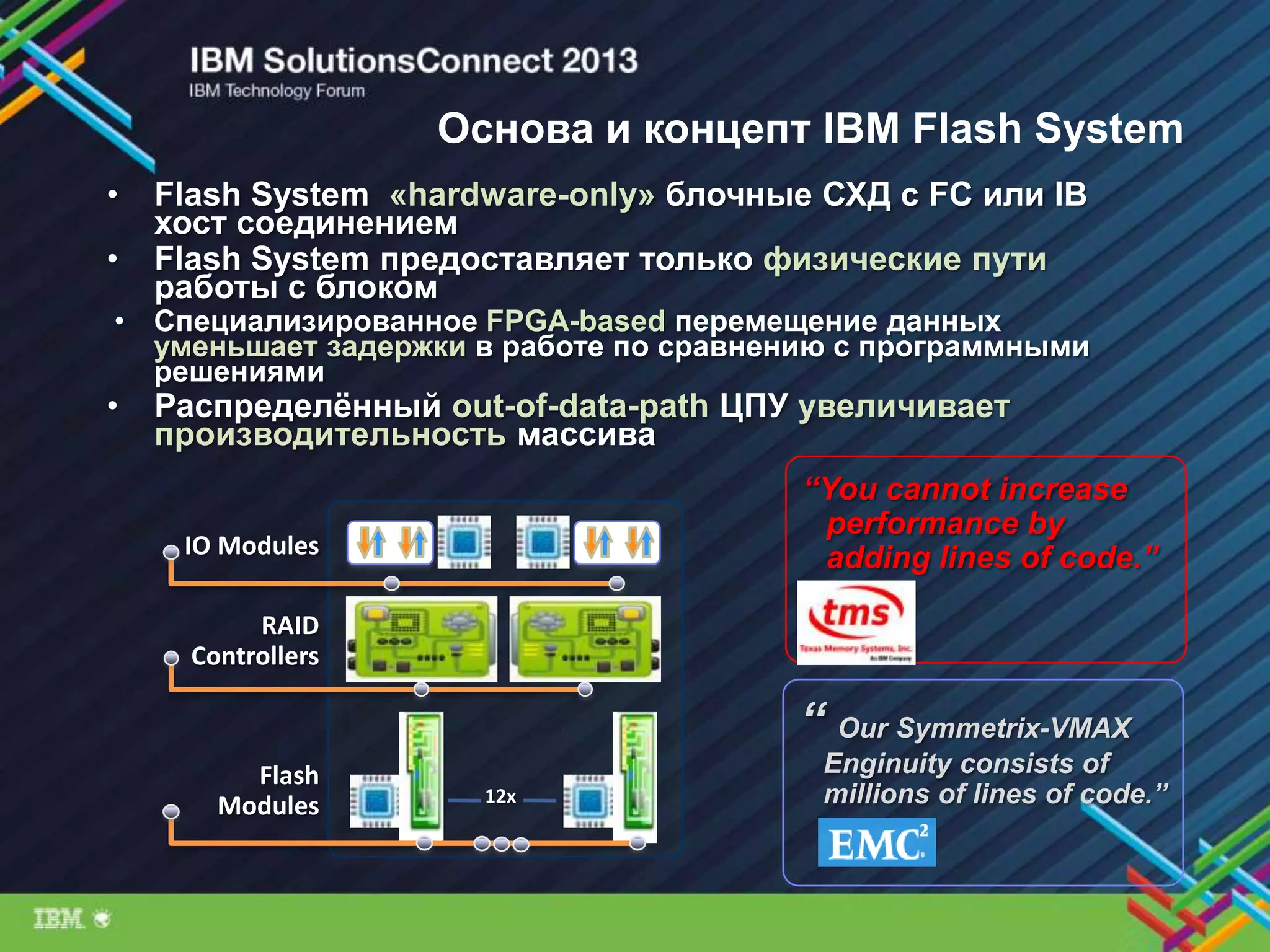 Основа и концепт IBM Flash System
• Flash System «hardware-only» блочные СХД с FC или IB
хост соединением
• Flash System предоставляет только физические пути
работы с блоком
• Специализированное FPGA-based перемещение данных
уменьшает задержки в работе по сравнению с программными
решениями
• Распределѐнный out-of-data-path ЦПУ увеличивает
производительность массива
“ Our Symmetrix-VMAX
Enginuity consists of
millions of lines of code.”
RAID
Controllers
IO Modules
Flash
Modules 12x
“You cannot increase
performance by
adding lines of code.”
 