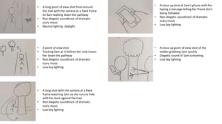 • A long point of view shot from around
the tree with the camera at a fixed frame
on Sam walking down the pathway
• Non diegetic soundtrack of dramatic
scary music
• Neutral lighting daylight
• A point of view shot
• Tracking Sam as it follows her and chases
her down the pathway
• Non diegetic soundtrack of dramatic
scary music
• Low key lighting
• A long shot with the camera at a fixed
frame watching Sam as she runs to hide
with her back against the tree
• Non diegetic soundtrack of dramatic
scary music
• Low key lighting
• A close up shot of Sam’s phone with her
typing a message telling her friend she’s
being followed
• Non diegetic soundtrack of dramatic
scary music
• Low key lighting
• A close up point of view shot of the
stalker grabbing Sam quickly
• Diegetic sound of Sam screaming.
• Low key lighting
 