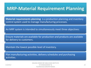 MRP-Material Requirement Planning
Material requirements planning is a production planning and inventory
control system used to manage manufacturing processes.

An MRP system is intended to simultaneously meet three objectives:

Ensure materials are available for production and products are available
for delivery to customers.

Maintain the lowest possible level of inventory.

Plan manufacturing activities, delivery schedules and purchasing
activities.
                        RASHMI VERMA IBR 5006,ISHAN INSTITUTE
1/3/2012                         OF MANAGEMENT &                           22
                             TECHNOLOGY,GREATER NOIDA
 