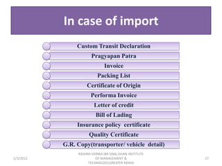 In case of import
                Custom Transit Declaration
                       Pragyapan Patra
                              Invoice
                          Packing List
                    Certificate of Origin
                       Performa Invoice
                        Letter of credit
                         Bill of Lading
                Insurance policy certificate
                      Quality Certificate
           G.R. Copy(transporter/ vehicle detail)
                RASHMI VERMA IBR 5006,ISHAN INSTITUTE
1/3/2012                 OF MANAGEMENT &                27
                     TECHNOLOGY,GREATER NOIDA
 