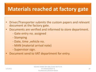Materials reached at factory gate

• Driver/Transporter submits the custom papers and relevant
  document at the factory gate.
• Documents are verified and informed to store department.
    - Gate entry no. assigned
    - Stamping
    - Date, time ,vehicle no.
    - MAN (material arrival note)
    - Supervisor sign.
• Document send to VAT department for entry.


                   RASHMI VERMA IBR 5006,ISHAN INSTITUTE
1/3/2012                    OF MANAGEMENT &                28
                        TECHNOLOGY,GREATER NOIDA
 