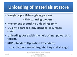 Unloading of materials at store
• Weight slip - RM-weighing process
              - PM- counting process
• Movement of truck to unloading point
• Quality clearance (any damage- insurance
  claim)
• Unloading done with the help of manpower and
  forklift.
• SOP (Standard Operation Procedure)
   - for standard unloading, stacking and storage
                RASHMI VERMA IBR 5006,ISHAN INSTITUTE
1/3/2012                 OF MANAGEMENT &                29
                     TECHNOLOGY,GREATER NOIDA
 