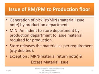 Issue of RM/PM to Production floor
• Generation of picklist/MIN (material issue
  note) by production department.
• MIN: An indent to store department by
  production department to issue material
  required for production.
• Store releases the material as per requirement
  (qty debited).
• Exception : MRN(material return note) &
              Excess Material Issue.
                RASHMI VERMA IBR 5006,ISHAN INSTITUTE
1/3/2012                 OF MANAGEMENT &                33
                     TECHNOLOGY,GREATER NOIDA
 