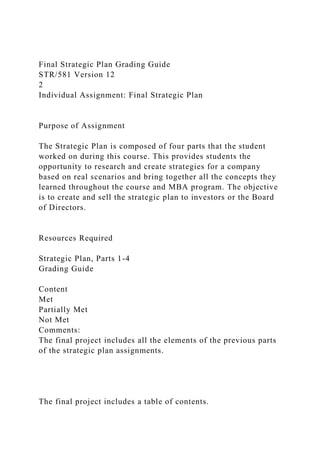 Final Strategic Plan Grading Guide
STR/581 Version 12
2
Individual Assignment: Final Strategic Plan
Purpose of Assignment
The Strategic Plan is composed of four parts that the student
worked on during this course. This provides students the
opportunity to research and create strategies for a company
based on real scenarios and bring together all the concepts they
learned throughout the course and MBA program. The objective
is to create and sell the strategic plan to investors or the Board
of Directors.
Resources Required
Strategic Plan, Parts 1-4
Grading Guide
Content
Met
Partially Met
Not Met
Comments:
The final project includes all the elements of the previous parts
of the strategic plan assignments.
The final project includes a table of contents.
 