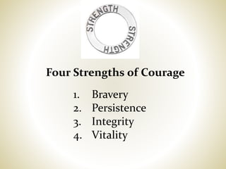 Four Strengths of Courage
1. Bravery
2. Persistence
3. Integrity
4. Vitality
 