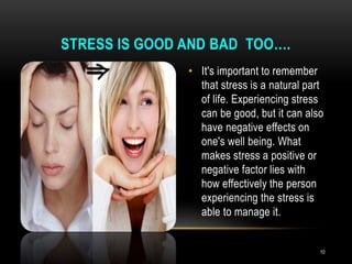 • It's important to remember
that stress is a natural part
of life. Experiencing stress
can be good, but it can also
have negative effects on
one's well being. What
makes stress a positive or
negative factor lies with
how effectively the person
experiencing the stress is
able to manage it.
STRESS IS GOOD AND BAD TOO….
10
 