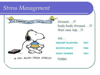 Stress Management ABHIJEET TALAPATRA  9301  RUCHITA BHAVE  9304 SHAILY SHARMA  936? 