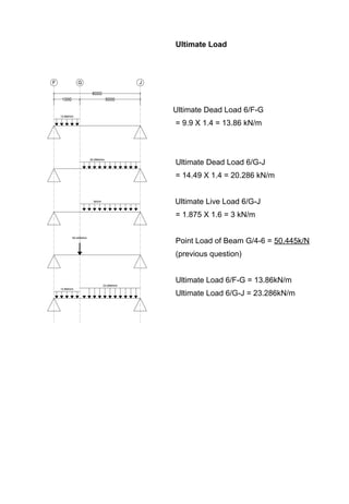 Ultimate Load
Ultimate Dead Load 6/F-G
= 9.9 X 1.4 = 13.86 kN/m
Ultimate Dead Load 6/G-J
= 14.49 X 1.4 = 20.286 kN/m
Ultimate Live Load 6/G-J
= 1.875 X 1.6 = 3 kN/m
Point Load of Beam G/4-6 = 50.445k/N
(previous question)
Ultimate Load 6/F-G = 13.86kN/m
Ultimate Load 6/G-J = 23.286kN/m
 
