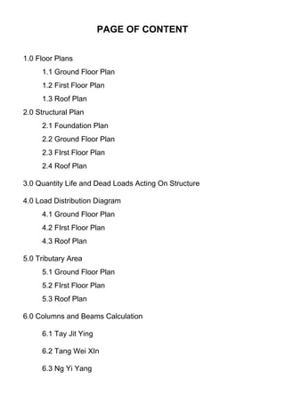 PAGE OF CONTENT
1.0 Floor Plans
1.1 Ground Floor Plan
1.2 First Floor Plan
1.3 Roof Plan
2.0 Structural Plan
2.1 Foundation Plan
2.2 Ground Floor Plan
2.3 FIrst Floor Plan
2.4 Roof Plan
3.0 Quantity Life and Dead Loads Acting On Structure
4.0 Load Distribution Diagram
4.1 Ground Floor Plan
4.2 FIrst Floor Plan
4.3 Roof Plan
5.0 Tributary Area
5.1 Ground Floor Plan
5.2 FIrst Floor Plan
5.3 Roof Plan
6.0 Columns and Beams Calculation
6.1 Tay Jit Ying
6.2 Tang Wei XIn
6.3 Ng Yi Yang
 