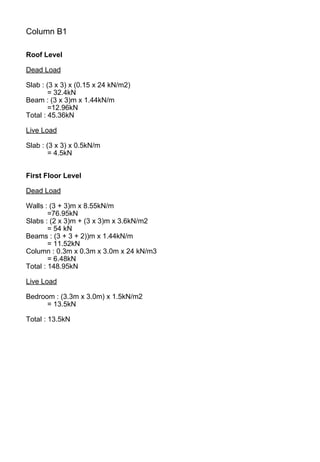Column B1
Roof Level
Dead Load
Slab : (3 x 3) x (0.15 x 24 kN/m2)
= 32.4kN
Beam : (3 x 3)m x 1.44kN/m
=12.96kN
Total : 45.36kN
Live Load
Slab : (3 x 3) x 0.5kN/m
= 4.5kN
First Floor Level
Dead Load
Walls : (3 + 3)m x 8.55kN/m
=76.95kN
Slabs : (2 x 3)m + (3 x 3)m x 3.6kN/m2
= 54 kN
Beams : (3 + 3 + 2))m x 1.44kN/m
= 11.52kN
Column : 0.3m x 0.3m x 3.0m x 24 kN/m3
= 6.48kN
Total : 148.95kN
Live Load
Bedroom : (3.3m x 3.0m) x 1.5kN/m2
= 13.5kN
Total : 13.5kN
 