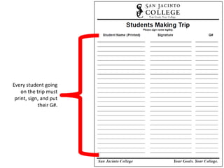 Every student going
    on the trip must
 print, sign, and put
            their G#.
 
