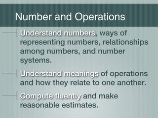 Number and Operations
Understand numbers, ways of
representing numbers, relationships
among numbers, and number
systems.
Understand meanings of operations
and how they relate to one another.
Compute fluently and make
reasonable estimates.
 