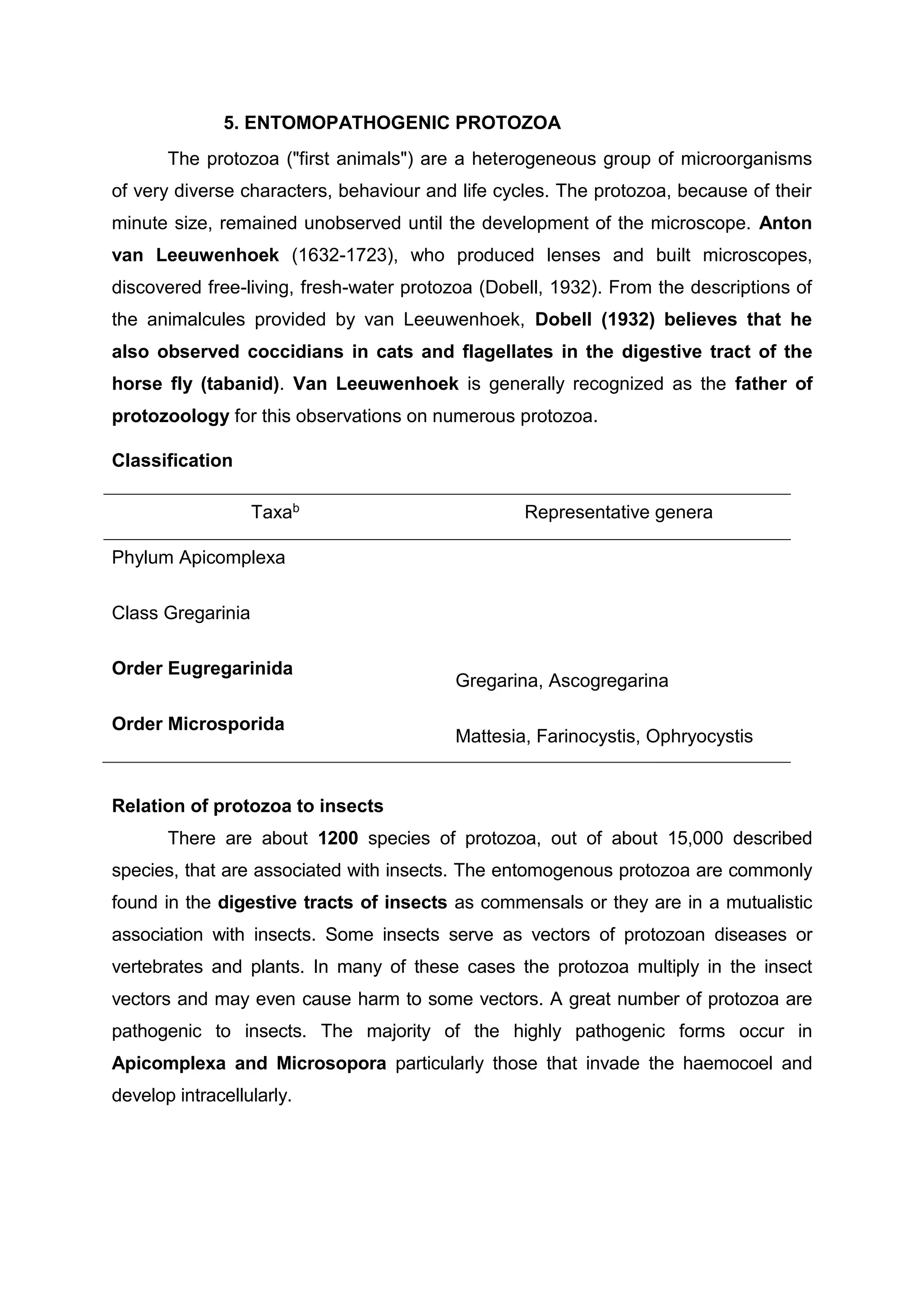 5. ENTOMOPATHOGENIC PROTOZOA
The protozoa ("first animals") are a heterogeneous group of microorganisms
of very diverse characters, behaviour and life cycles. The protozoa, because of their
minute size, remained unobserved until the development of the microscope. Anton
van Leeuwenhoek (1632-1723), who produced lenses and built microscopes,
discovered free-living, fresh-water protozoa (Dobell, 1932). From the descriptions of
the animalcules provided by van Leeuwenhoek, Dobell (1932) believes that he
also observed coccidians in cats and flagellates in the digestive tract of the
horse fly (tabanid). Van Leeuwenhoek is generally recognized as the father of
protozoology for this observations on numerous protozoa.
Classification
Taxab Representative genera
Phylum Apicomplexa
Class Gregarinia
Order Eugregarinida
Gregarina, Ascogregarina
Order Microsporida
Mattesia, Farinocystis, Ophryocystis
Relation of protozoa to insects
There are about 1200 species of protozoa, out of about 15,000 described
species, that are associated with insects. The entomogenous protozoa are commonly
found in the digestive tracts of insects as commensals or they are in a mutualistic
association with insects. Some insects serve as vectors of protozoan diseases or
vertebrates and plants. In many of these cases the protozoa multiply in the insect
vectors and may even cause harm to some vectors. A great number of protozoa are
pathogenic to insects. The majority of the highly pathogenic forms occur in
Apicomplexa and Microsopora particularly those that invade the haemocoel and
develop intracellularly.
 