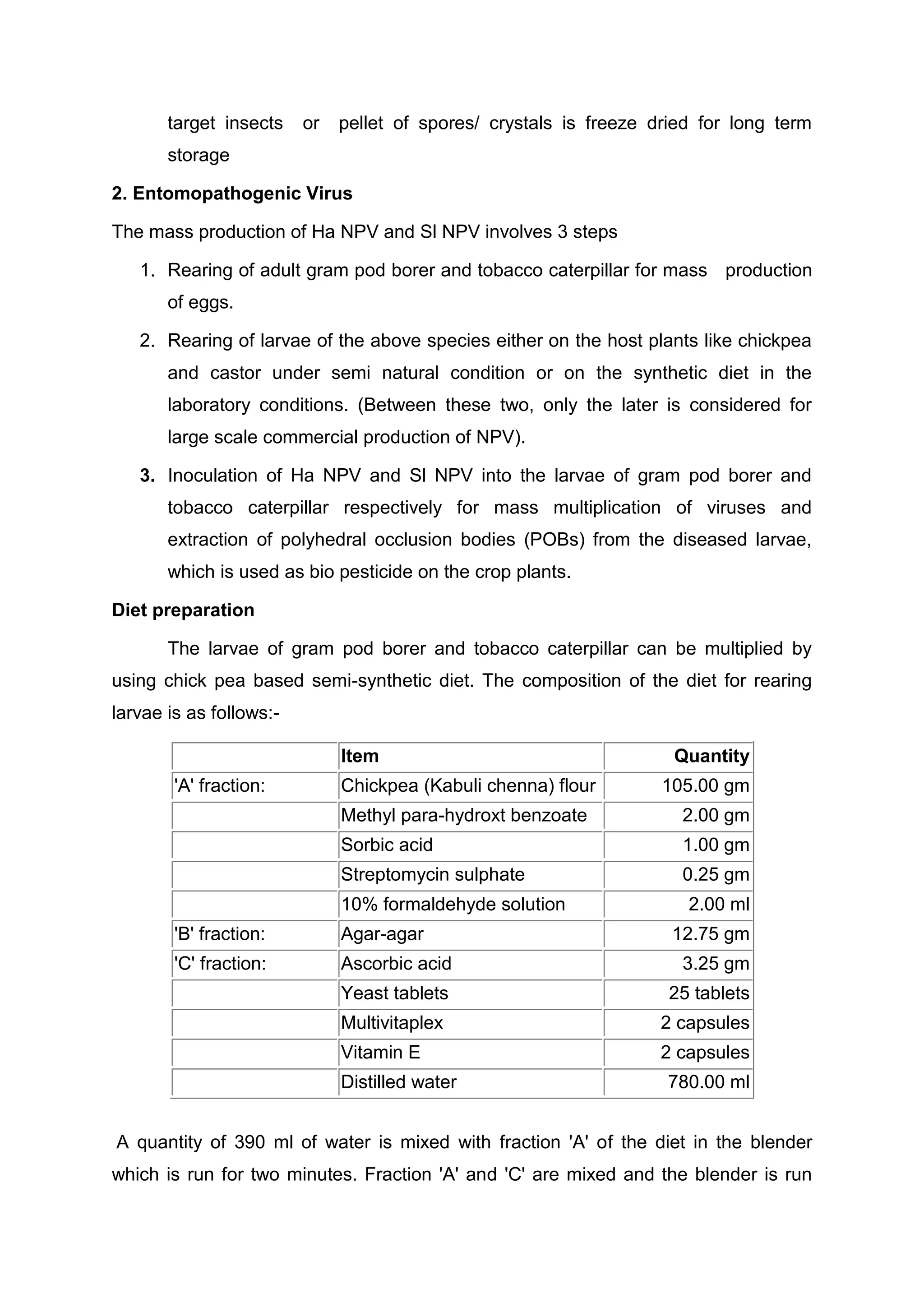 target insects or pellet of spores/ crystals is freeze dried for long term
storage
2. Entomopathogenic Virus
The mass production of Ha NPV and Sl NPV involves 3 steps
1. Rearing of adult gram pod borer and tobacco caterpillar for mass production
of eggs.
2. Rearing of larvae of the above species either on the host plants like chickpea
and castor under semi natural condition or on the synthetic diet in the
laboratory conditions. (Between these two, only the later is considered for
large scale commercial production of NPV).
3. Inoculation of Ha NPV and Sl NPV into the larvae of gram pod borer and
tobacco caterpillar respectively for mass multiplication of viruses and
extraction of polyhedral occlusion bodies (POBs) from the diseased larvae,
which is used as bio pesticide on the crop plants.
Diet preparation
The larvae of gram pod borer and tobacco caterpillar can be multiplied by
using chick pea based semi-synthetic diet. The composition of the diet for rearing
larvae is as follows:-
Item Quantity
'A' fraction: Chickpea (Kabuli chenna) flour 105.00 gm
Methyl para-hydroxt benzoate 2.00 gm
Sorbic acid 1.00 gm
Streptomycin sulphate 0.25 gm
10% formaldehyde solution 2.00 ml
'B' fraction: Agar-agar 12.75 gm
'C' fraction: Ascorbic acid 3.25 gm
Yeast tablets 25 tablets
Multivitaplex 2 capsules
Vitamin E 2 capsules
Distilled water 780.00 ml
A quantity of 390 ml of water is mixed with fraction 'A' of the diet in the blender
which is run for two minutes. Fraction 'A' and 'C' are mixed and the blender is run
 