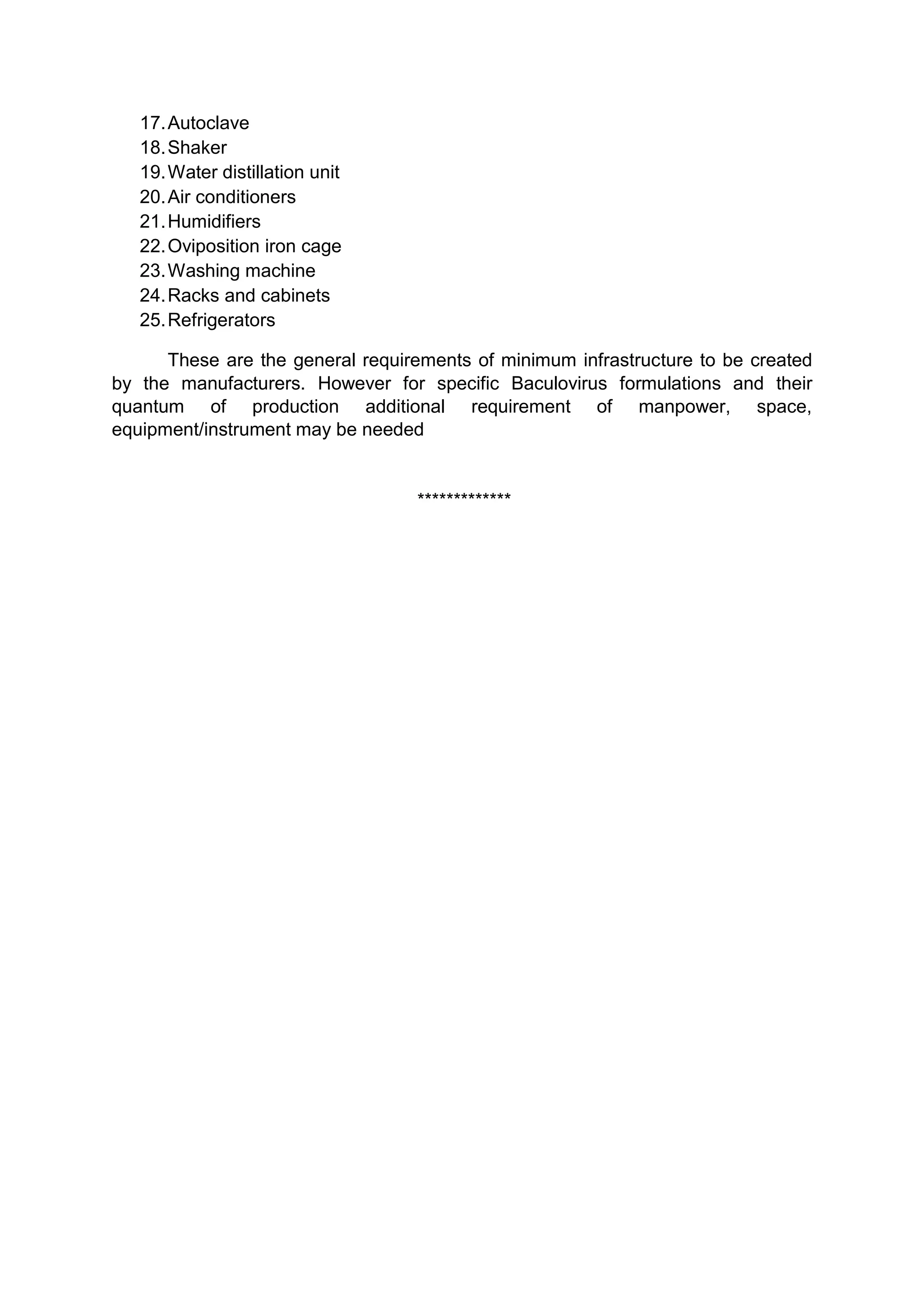 17.Autoclave
18.Shaker
19.Water distillation unit
20.Air conditioners
21.Humidifiers
22.Oviposition iron cage
23.Washing machine
24.Racks and cabinets
25.Refrigerators
These are the general requirements of minimum infrastructure to be created
by the manufacturers. However for specific Baculovirus formulations and their
quantum of production additional requirement of manpower, space,
equipment/instrument may be needed
*************
 