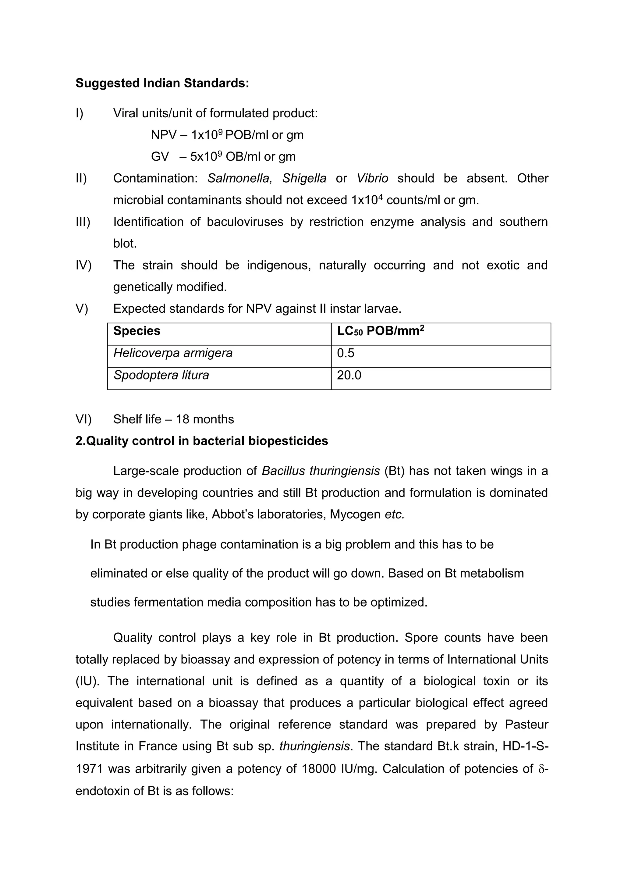 Suggested Indian Standards:
I) Viral units/unit of formulated product:
NPV – 1x109 POB/ml or gm
GV – 5x109 OB/ml or gm
II) Contamination: Salmonella, Shigella or Vibrio should be absent. Other
microbial contaminants should not exceed 1x104 counts/ml or gm.
III) Identification of baculoviruses by restriction enzyme analysis and southern
blot.
IV) The strain should be indigenous, naturally occurring and not exotic and
genetically modified.
V) Expected standards for NPV against II instar larvae.
Species LC50 POB/mm2
Helicoverpa armigera 0.5
Spodoptera litura 20.0
VI) Shelf life – 18 months
2.Quality control in bacterial biopesticides
Large-scale production of Bacillus thuringiensis (Bt) has not taken wings in a
big way in developing countries and still Bt production and formulation is dominated
by corporate giants like, Abbot’s laboratories, Mycogen etc.
In Bt production phage contamination is a big problem and this has to be
eliminated or else quality of the product will go down. Based on Bt metabolism
studies fermentation media composition has to be optimized.
Quality control plays a key role in Bt production. Spore counts have been
totally replaced by bioassay and expression of potency in terms of International Units
(IU). The international unit is defined as a quantity of a biological toxin or its
equivalent based on a bioassay that produces a particular biological effect agreed
upon internationally. The original reference standard was prepared by Pasteur
Institute in France using Bt sub sp. thuringiensis. The standard Bt.k strain, HD-1-S-
1971 was arbitrarily given a potency of 18000 IU/mg. Calculation of potencies of -
endotoxin of Bt is as follows:
 