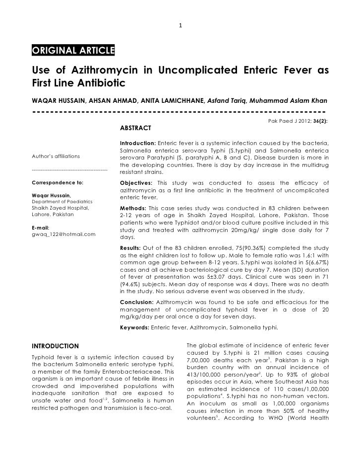typhoid of fever of dose treatment azithromycin in
