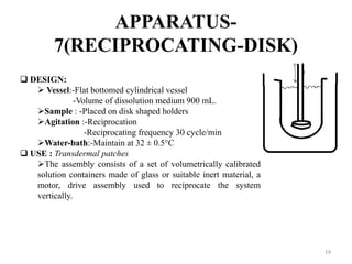APPARATUS-
7(RECIPROCATING-DISK)
 DESIGN:
 Vessel:-Flat bottomed cylindrical vessel
-Volume of dissolution medium 900 mL.
Sample : -Placed on disk shaped holders
Agitation :-Reciprocation
-Reciprocating frequency 30 cycle/min
Water-bath:-Maintain at 32 ± 0.5°C
 USE : Transdermal patches
The assembly consists of a set of volumetrically calibrated
solution containers made of glass or suitable inert material, a
motor, drive assembly used to reciprocate the system
vertically.
19
 