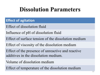 Dissolution Parameters
Effect of agitation
Effect of dissolution fluid
Influence of pH of dissolution fluid
Effect of surface tension of the dissolution medium
Effect of viscosity of the dissolution medium
Effect of the presence of unreactive and reactive
additives in the dissolution medium.
Volume of dissolution medium
Effect of temperature of the dissolution medium
23
 