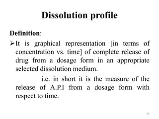 Dissolution profile
Definition:
It is graphical representation [in terms of
concentration vs. time] of complete release of
drug from a dosage form in an appropriate
selected dissolution medium.
i.e. in short it is the measure of the
release of A.P.I from a dosage form with
respect to time.
30
 