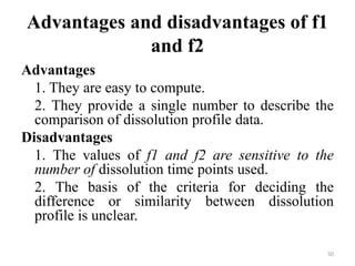 Advantages and disadvantages of f1
and f2
Advantages
1. They are easy to compute.
2. They provide a single number to describe the
comparison of dissolution profile data.
Disadvantages
1. The values of f1 and f2 are sensitive to the
number of dissolution time points used.
2. The basis of the criteria for deciding the
difference or similarity between dissolution
profile is unclear.
50
 