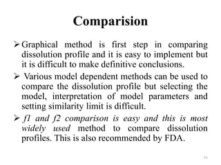 Comparision
Graphical method is first step in comparing
dissolution profile and it is easy to implement but
it is difficult to make definitive conclusions.
 Various model dependent methods can be used to
compare the dissolution profile but selecting the
model, interpretation of model parameters and
setting similarity limit is difficult.
 f1 and f2 comparison is easy and this is most
widely used method to compare dissolution
profiles. This is also recommended by FDA.
51
 
