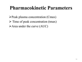 Pharmacokinetic Parameters
Peak plasma concentration (Cmax)
 Time of peak concentration (tmax)
Area under the curve (AUC)
54
 