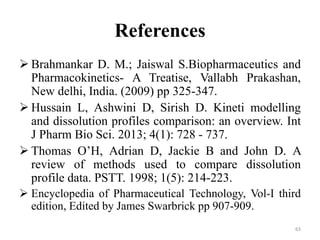 References
 Brahmankar D. M.; Jaiswal S.Biopharmaceutics and
Pharmacokinetics- A Treatise, Vallabh Prakashan,
New delhi, India. (2009) pp 325-347.
 Hussain L, Ashwini D, Sirish D. Kineti modelling
and dissolution profiles comparison: an overview. Int
J Pharm Bio Sci. 2013; 4(1): 728 - 737.
 Thomas O’H, Adrian D, Jackie B and John D. A
review of methods used to compare dissolution
profile data. PSTT. 1998; 1(5): 214-223.
 Encyclopedia of Pharmaceutical Technology, Vol-I third
edition, Edited by James Swarbrick pp 907-909.
63
 